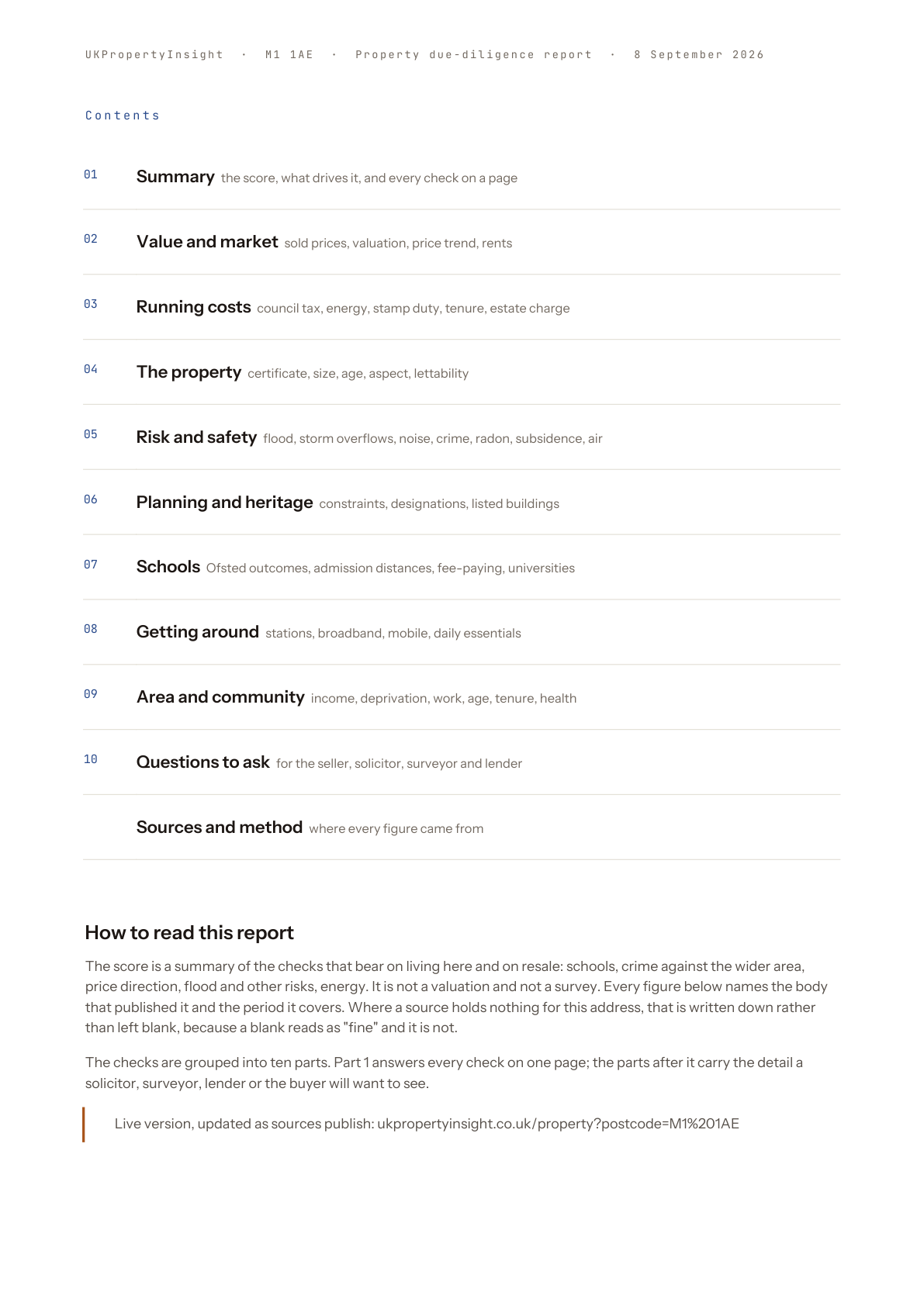 The contents page, listing the report's fourteen parts